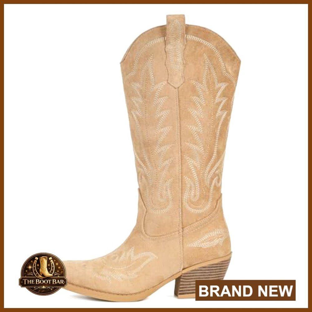 Suede Cowboy Boots Women Western Mid Calf Embroidered Snip Toe Chunky Heel - Picture 5 of 6